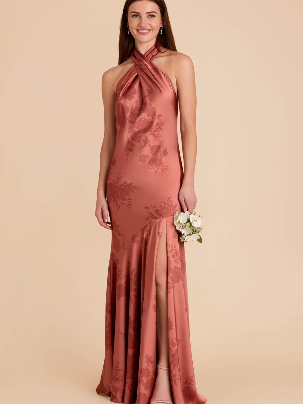 Halter Satin Floral Maxi Dress in Dusty Rose Birdy Grey Mia